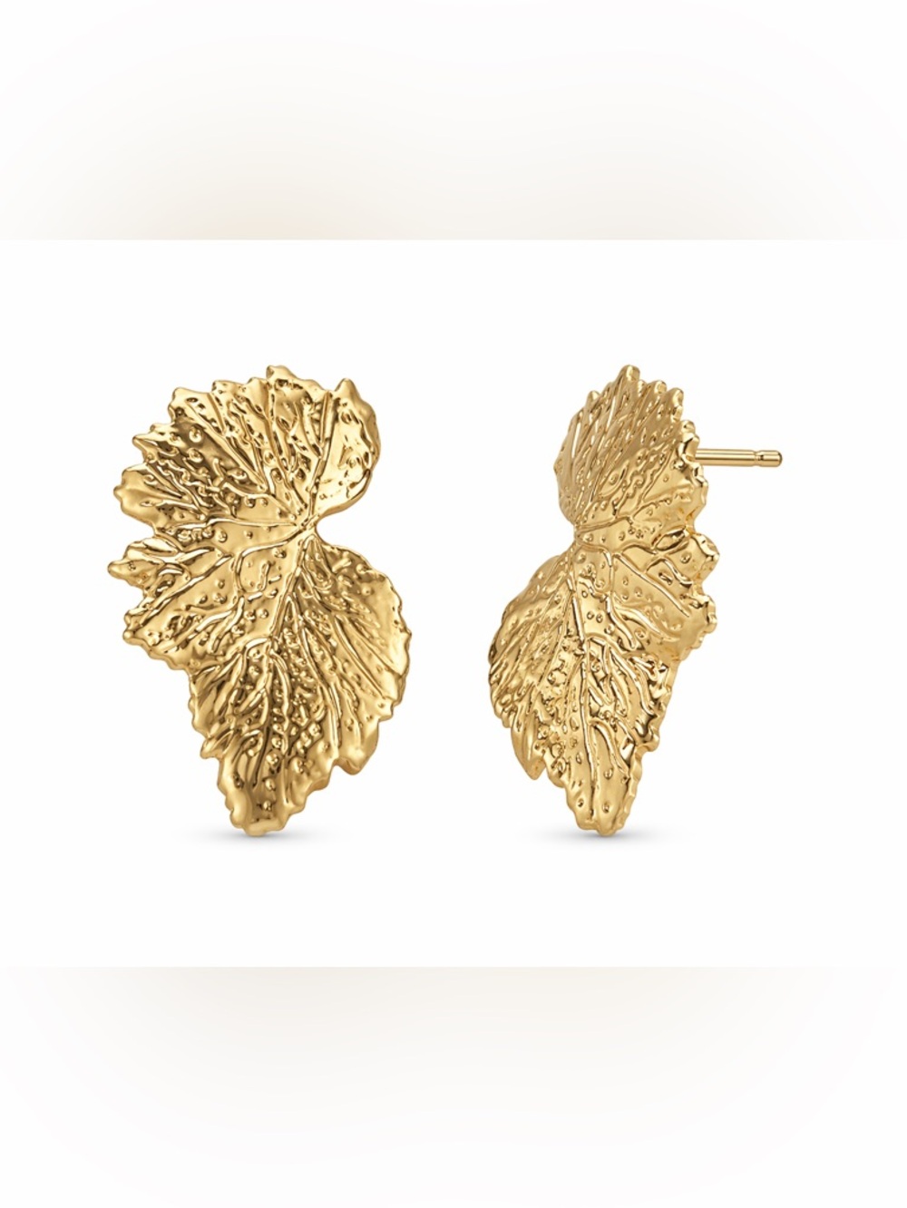 Gold Textured Leaf Statement Stud Earrings Botanical Vein Design